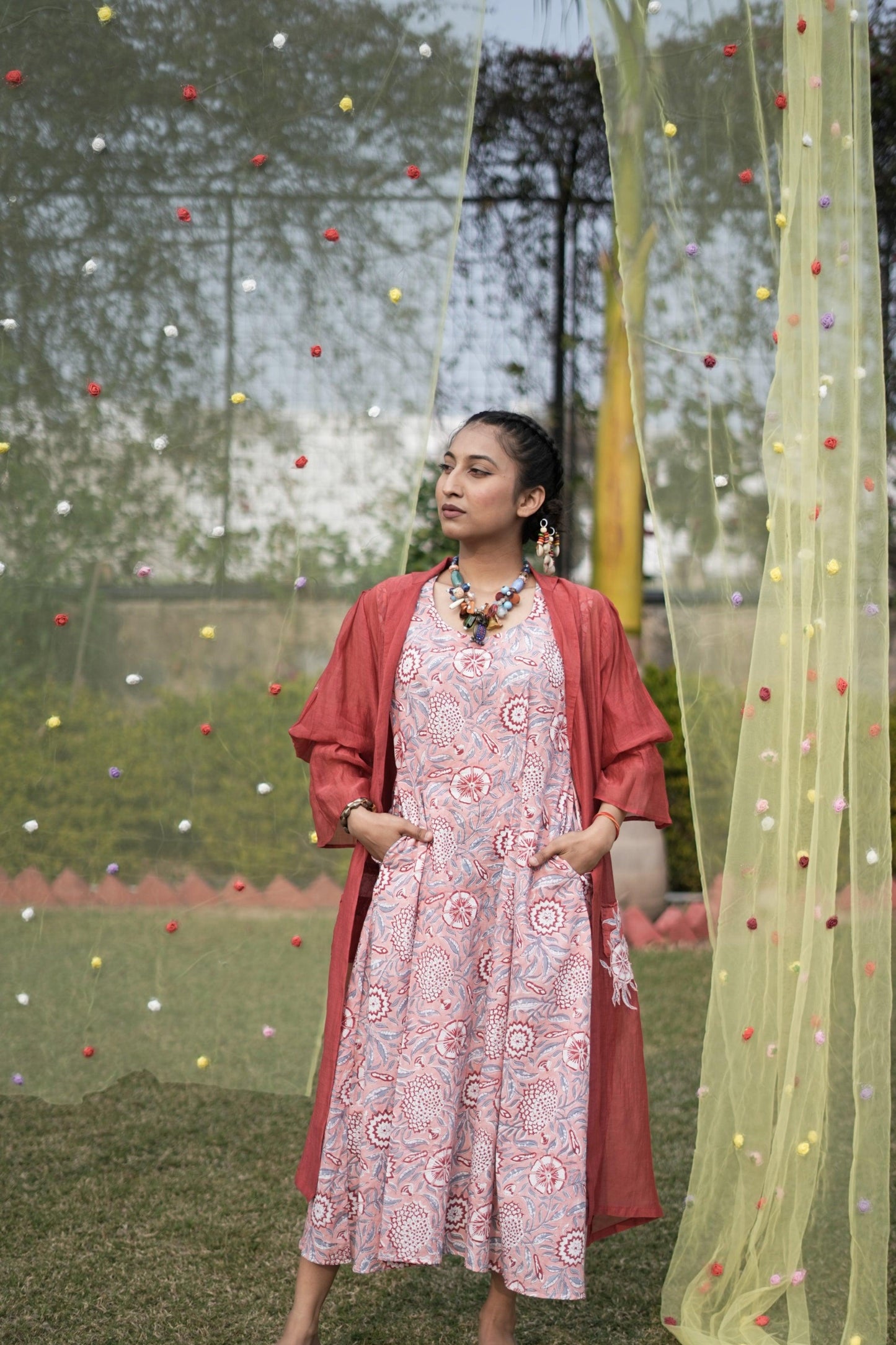 Aura Ensemble Dress with Jacket | Cotton, Mul Chanderi | Patchwork | Handblock - Kharwals India