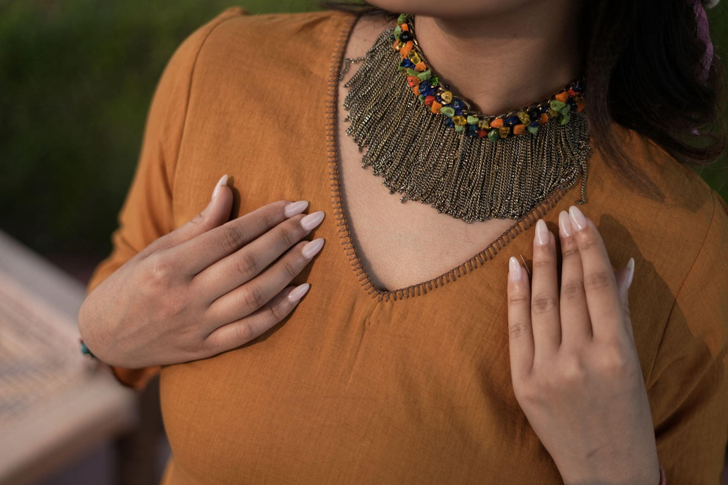 Rooted Treasure Dress | Mulmul Cotton | Embroidered tassels - Kharwals India