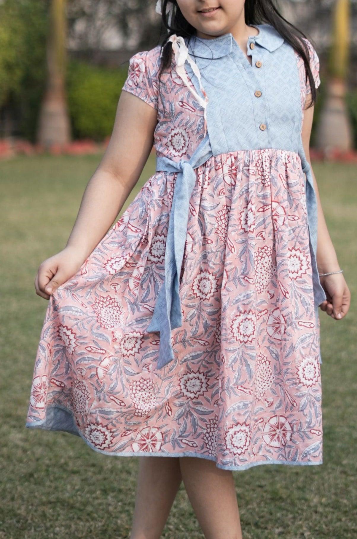 Coral Knot Slate Dress | Cotton Printed, Dobby | Knot side Flatter| Handblock - Kharwals India