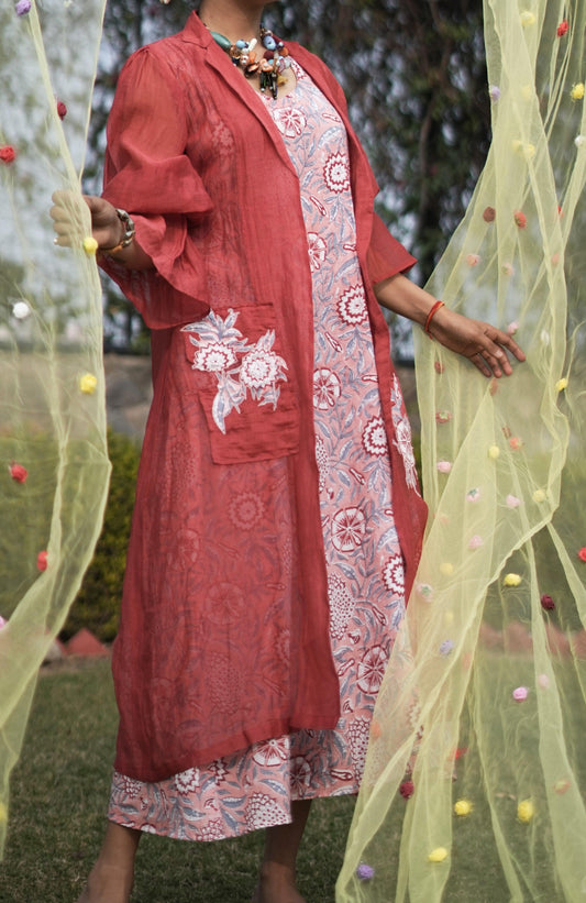 Aura Ensemble Dress with Jacket | Cotton, Mul Chanderi | Patchwork | Handblock - Kharwals India