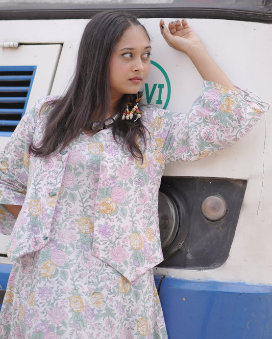 Floral Fusion Dress with Reversible Waistcoat | Cotton Printed, Dobby | Handblock - Kharwals India