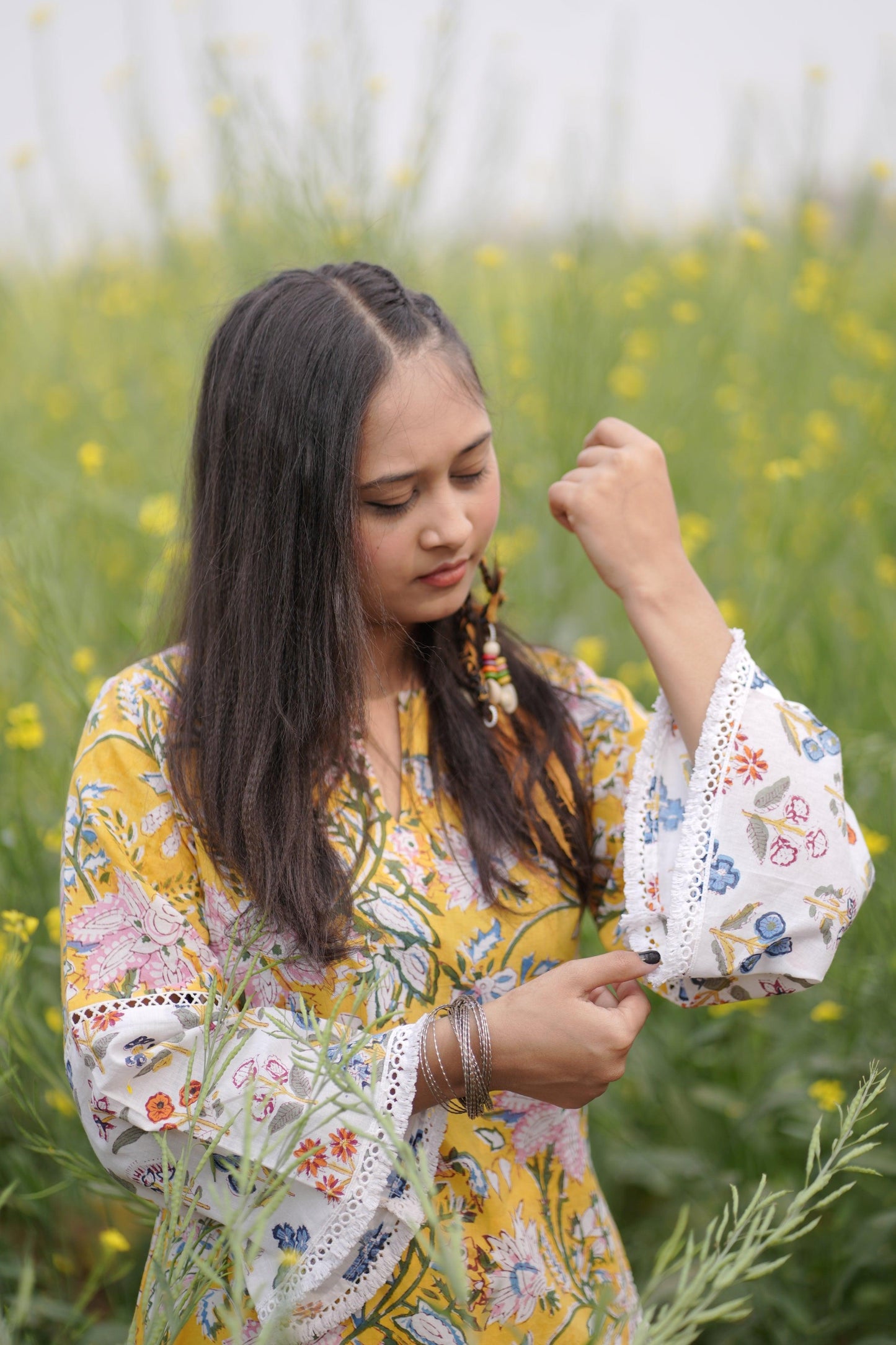 Yellow Field Lace Kurta | Cotton Printed | Handblock - Kharwals India