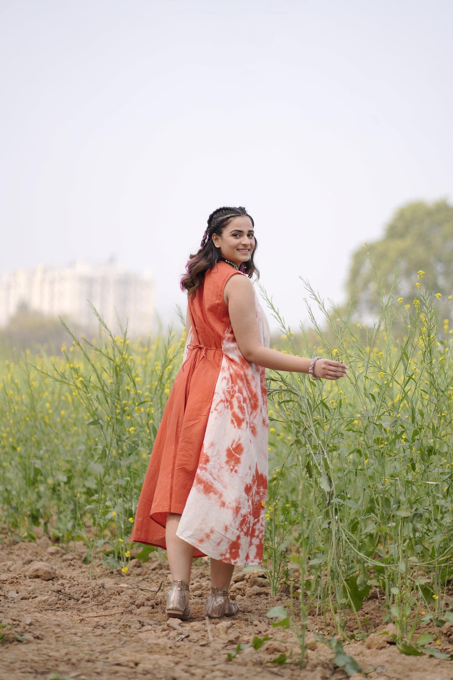 Chilli Ember Dress | Mulmul Cotton | Tie Dye - Kharwals India