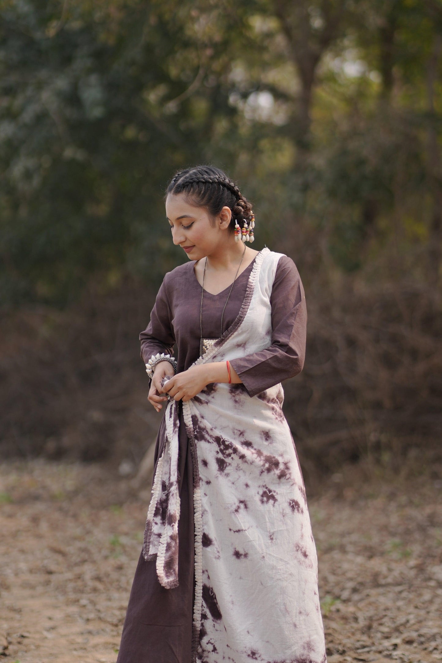 Choco Caramel Swirl Dress | Mulmul Cotton | Tie Dye lace - Kharwals India