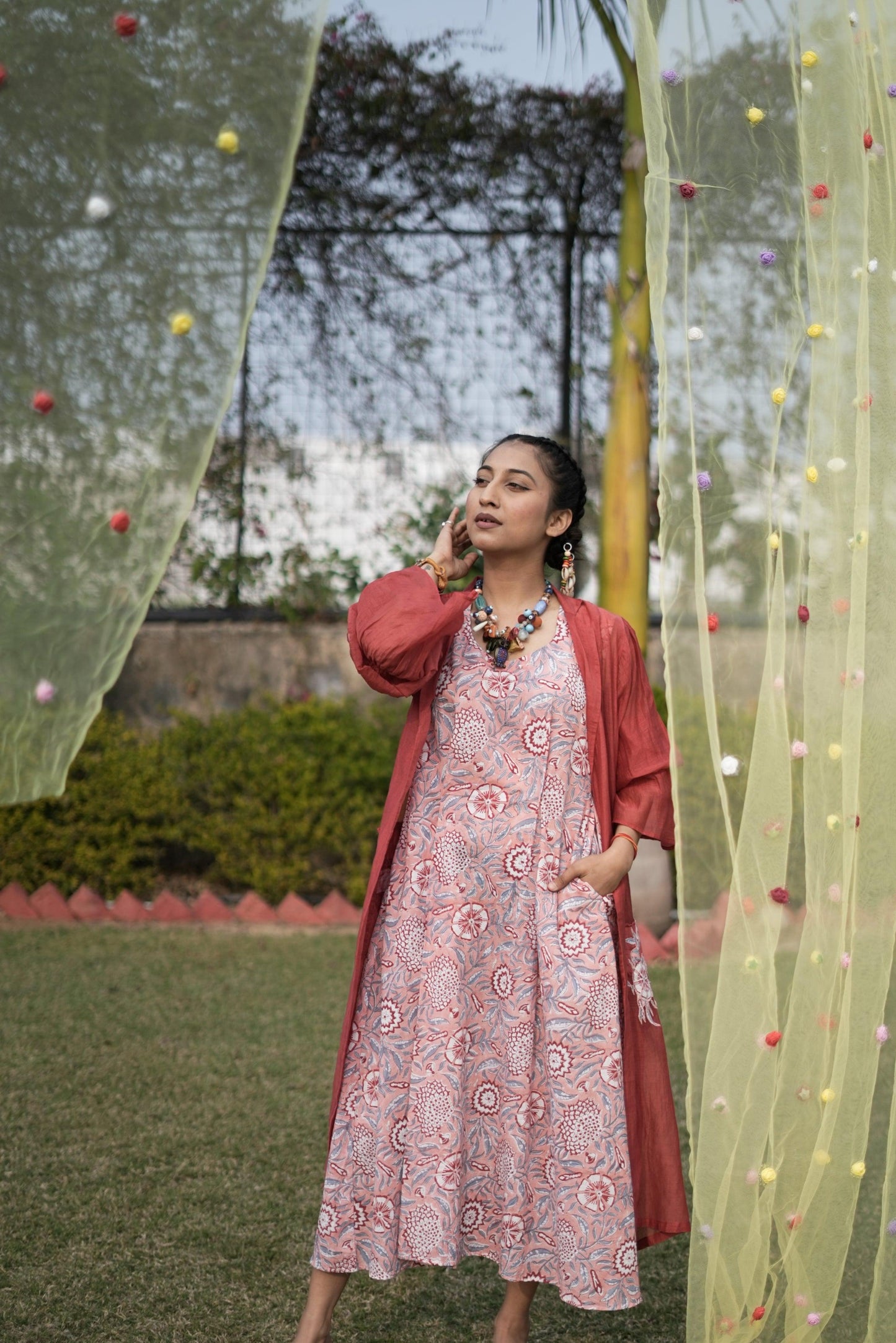 Aura Ensemble Dress with Jacket | Cotton, Mul Chanderi | Patchwork | Handblock - Kharwals India