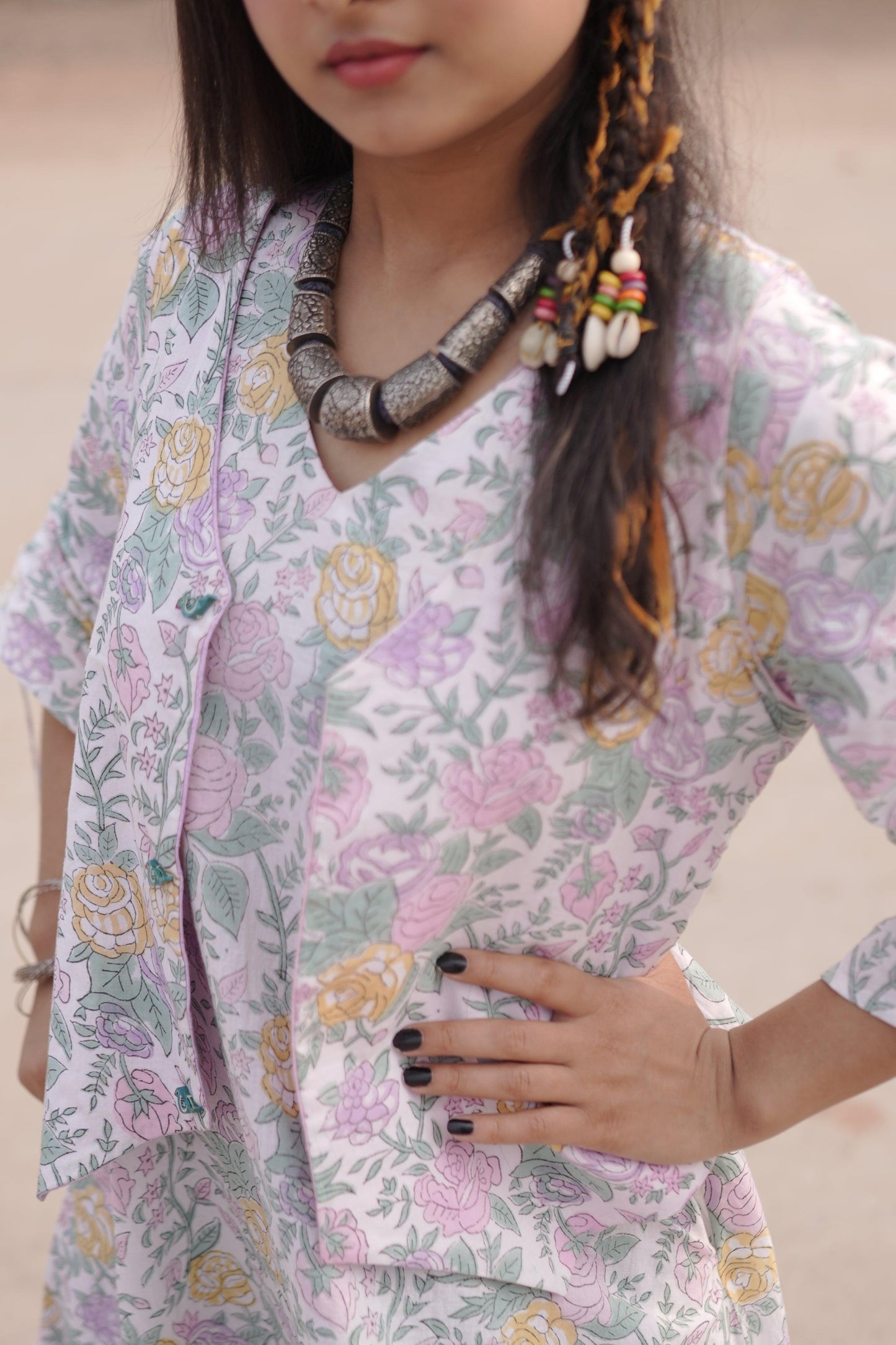 Floral Fusion Dress with Reversible Waistcoat | Cotton Printed, Dobby | Handblock - Kharwals India