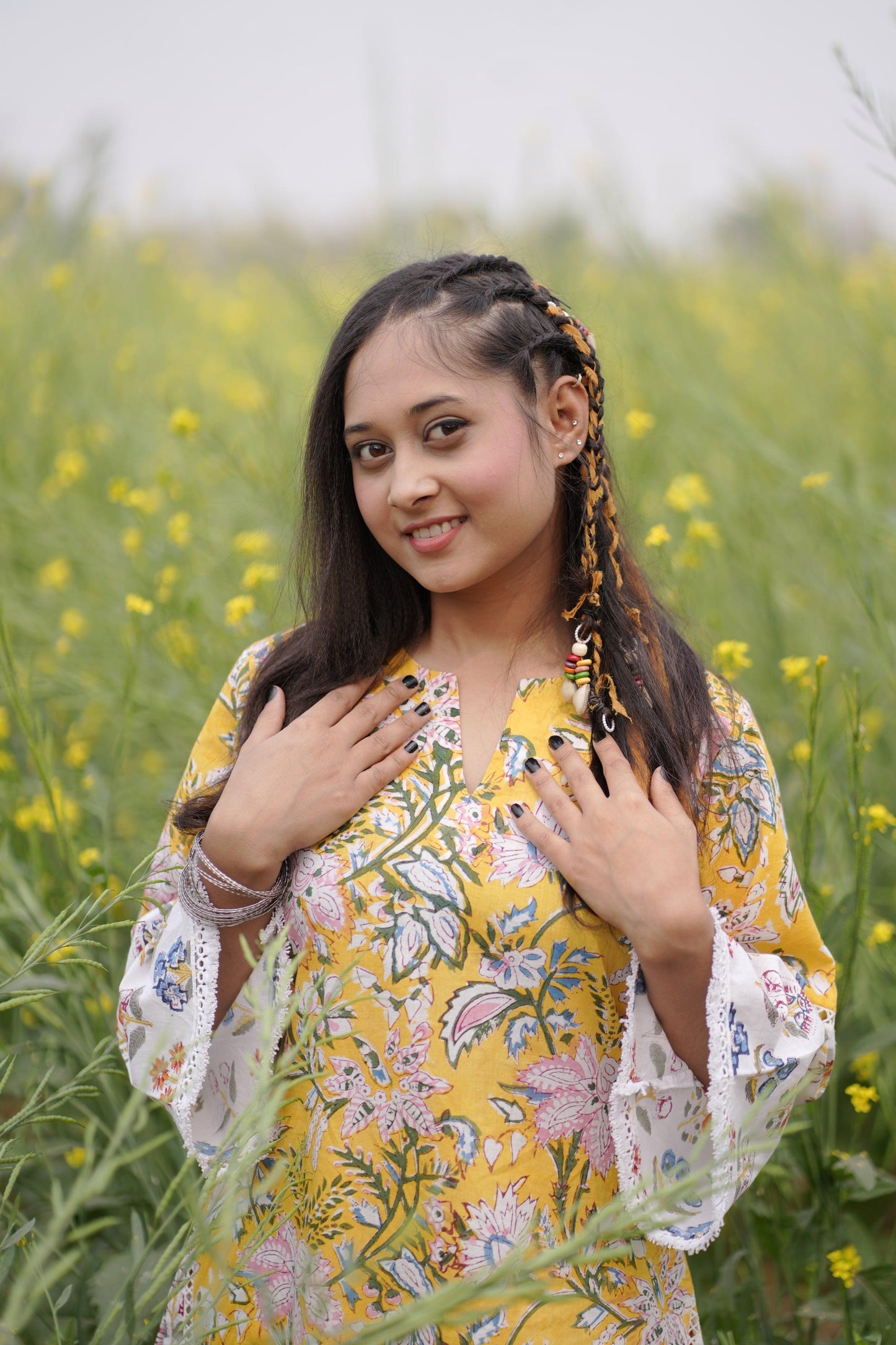 Yellow Field Lace Kurta | Cotton Printed | Handblock - Kharwals India