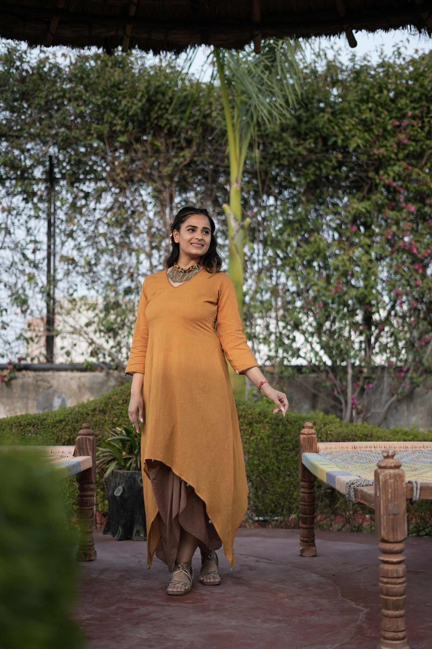 Rooted Treasure Dress | Mulmul Cotton | Embroidered tassels - Kharwals India