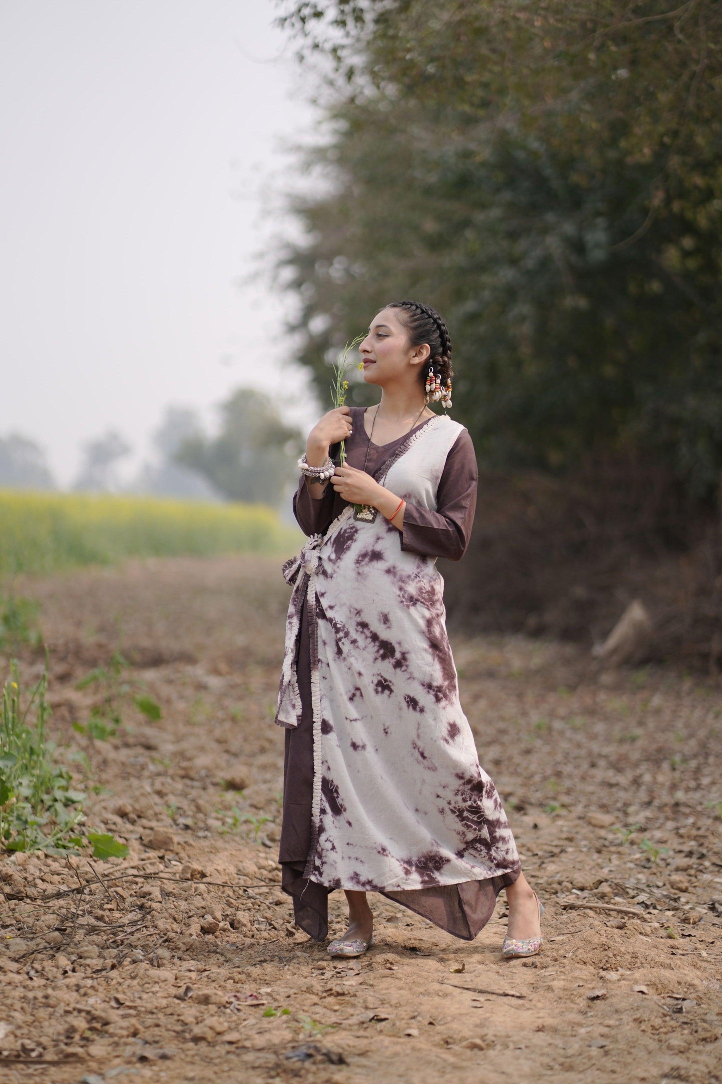 Choco Caramel Swirl Dress | Mulmul Cotton | Tie Dye lace - Kharwals India
