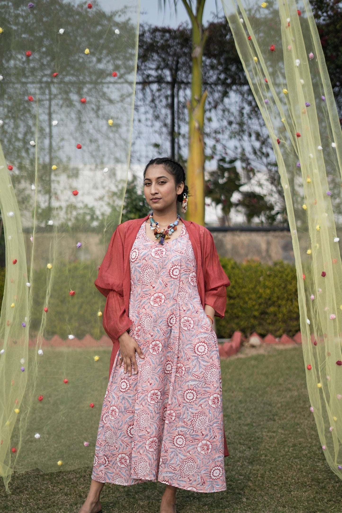Aura Ensemble Dress with Jacket | Cotton, Mul Chanderi | Patchwork | Handblock - Kharwals India