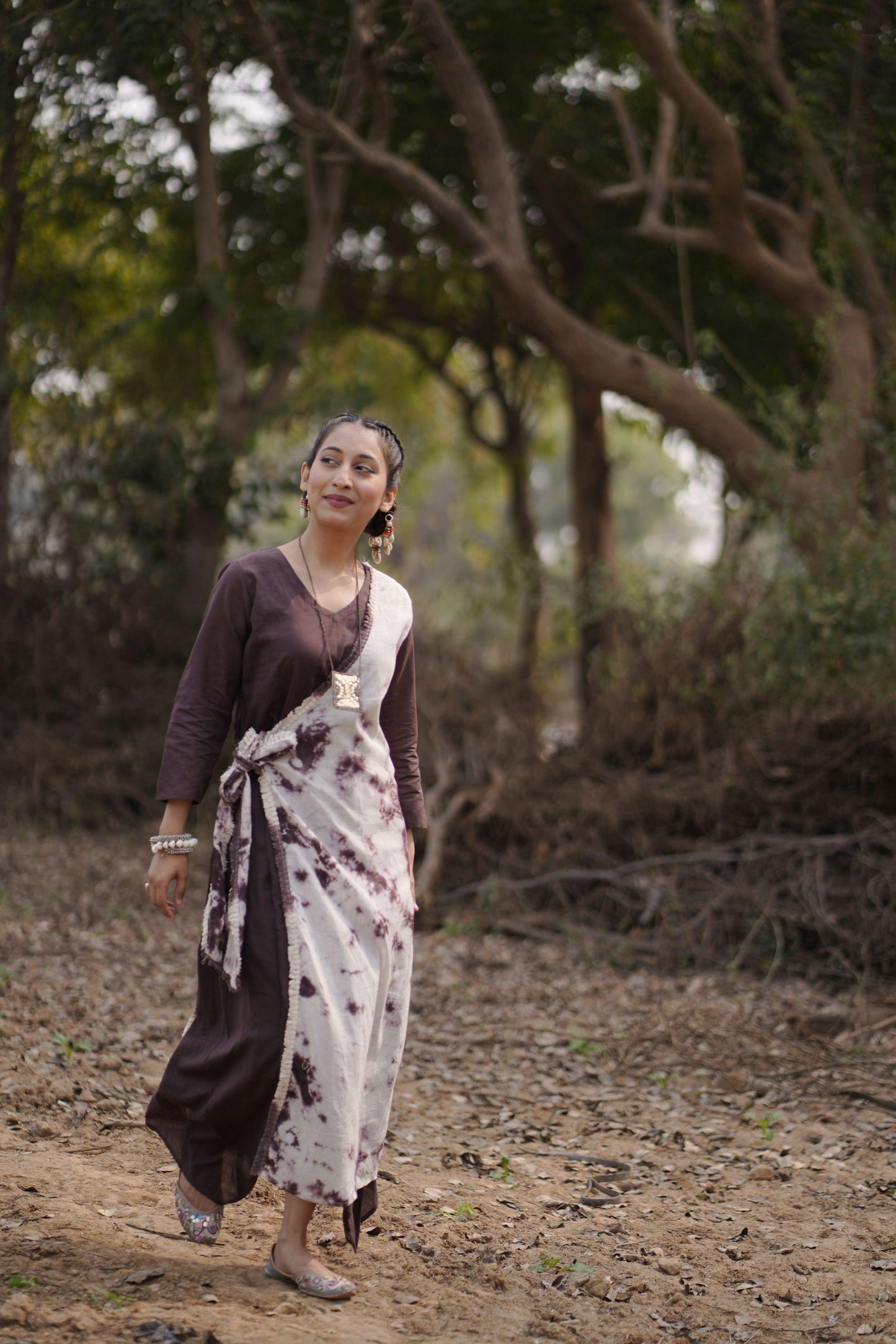 Choco Caramel Swirl Dress | Mulmul Cotton | Tie Dye lace - Kharwals India