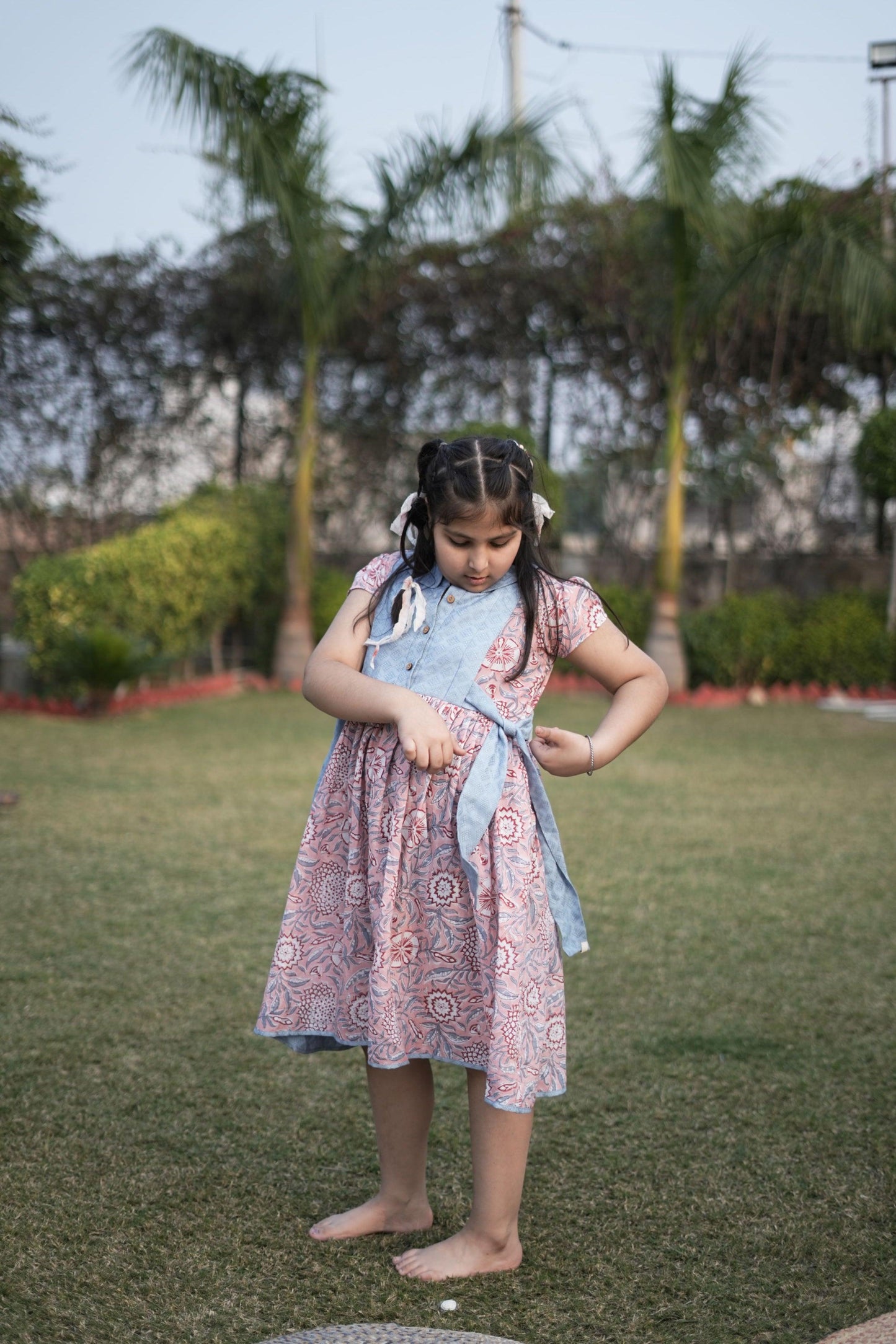 Coral Knot Slate Dress | Cotton Printed, Dobby | Knot side Flatter| Handblock - Kharwals India