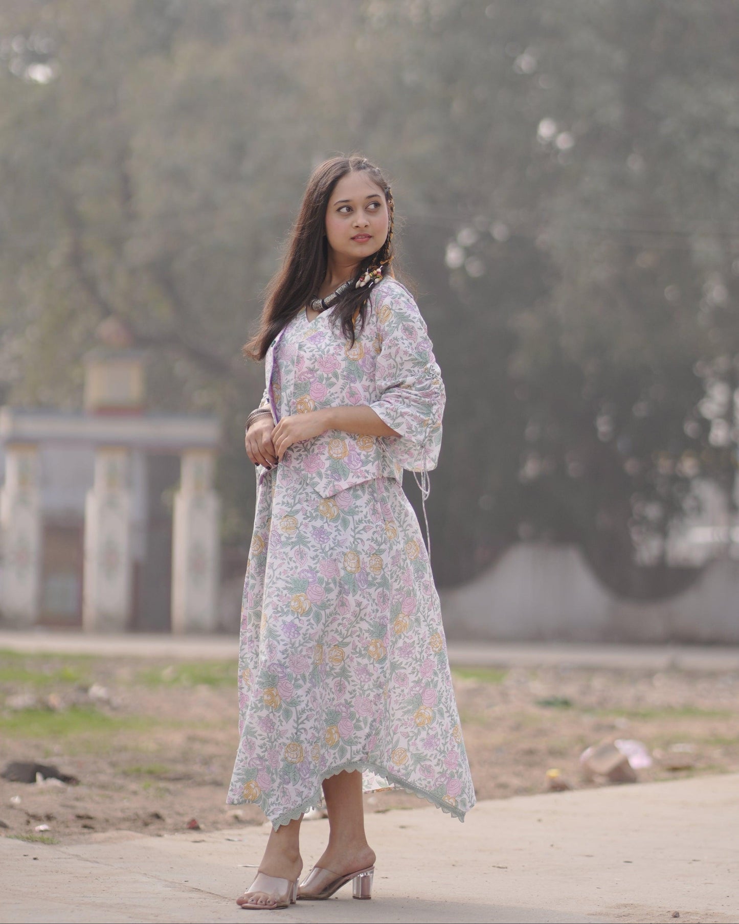 Floral Fusion Dress with Reversible Waistcoat | Cotton Printed, Dobby | Handblock - Kharwals India