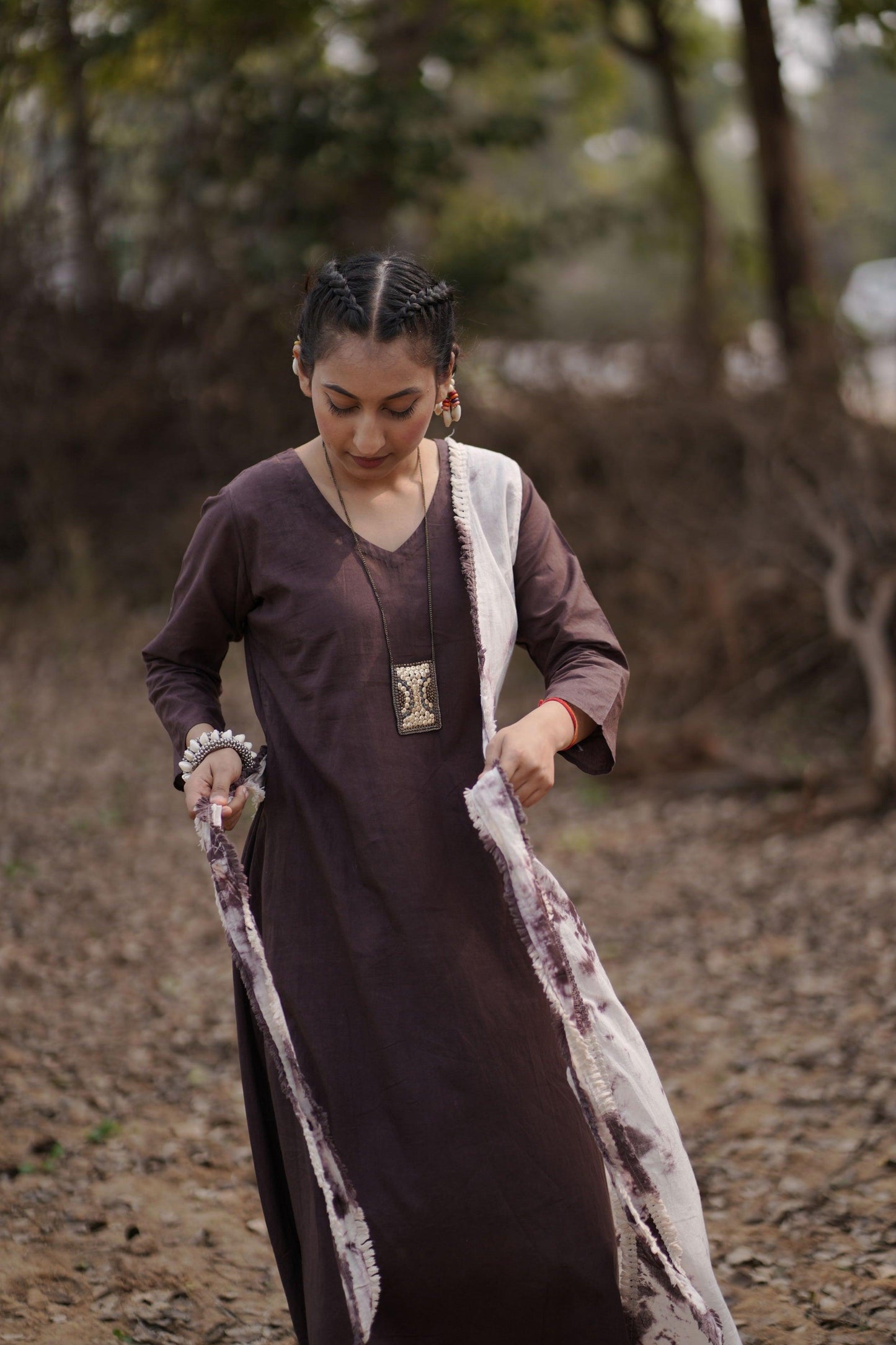 Choco Caramel Swirl Dress | Mulmul Cotton | Tie Dye lace - Kharwals India