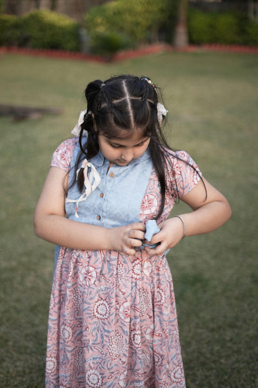 Coral Knot Slate Dress | Cotton Printed, Dobby | Knot side Flatter| Handblock - Kharwals India