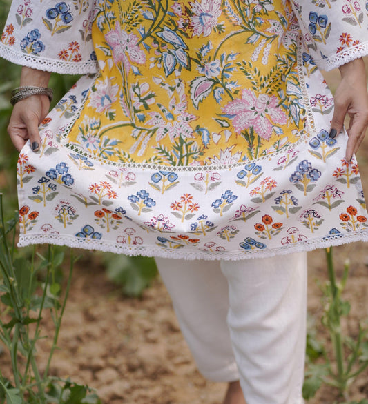 Yellow Field Lace Kurta | Cotton Printed | Handblock - Kharwals India