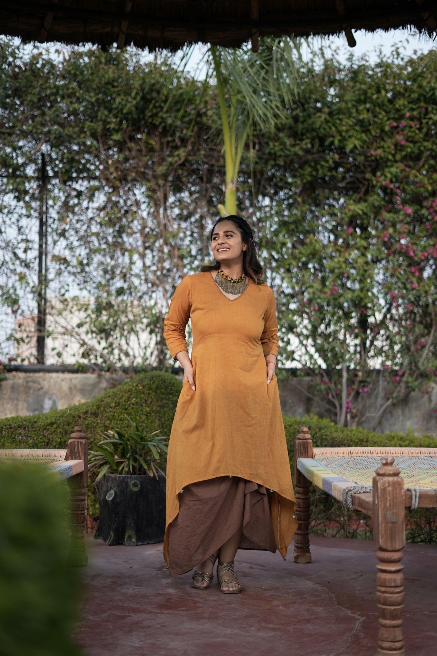 Rooted Treasure Dress | Mulmul Cotton | Embroidered tassels - Kharwals India