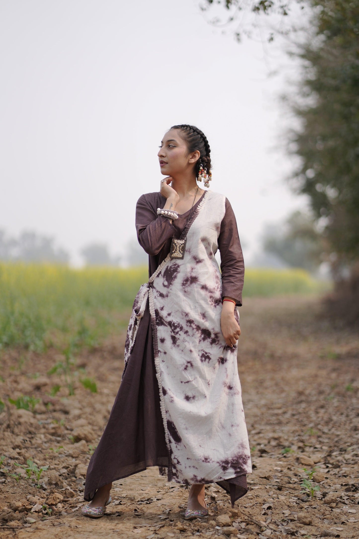 Choco Caramel Swirl Dress | Mulmul Cotton | Tie Dye lace - Kharwals India