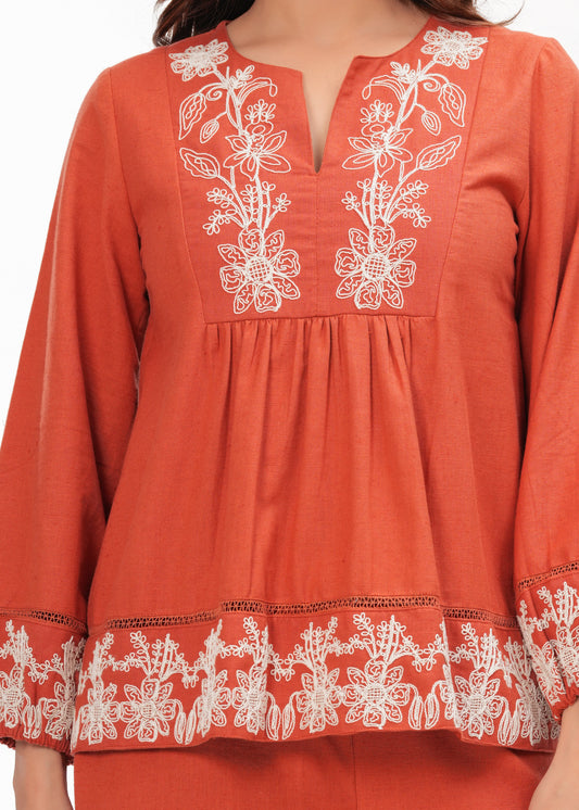 Rust Light Sand Embroidery Dress - Kharwals India