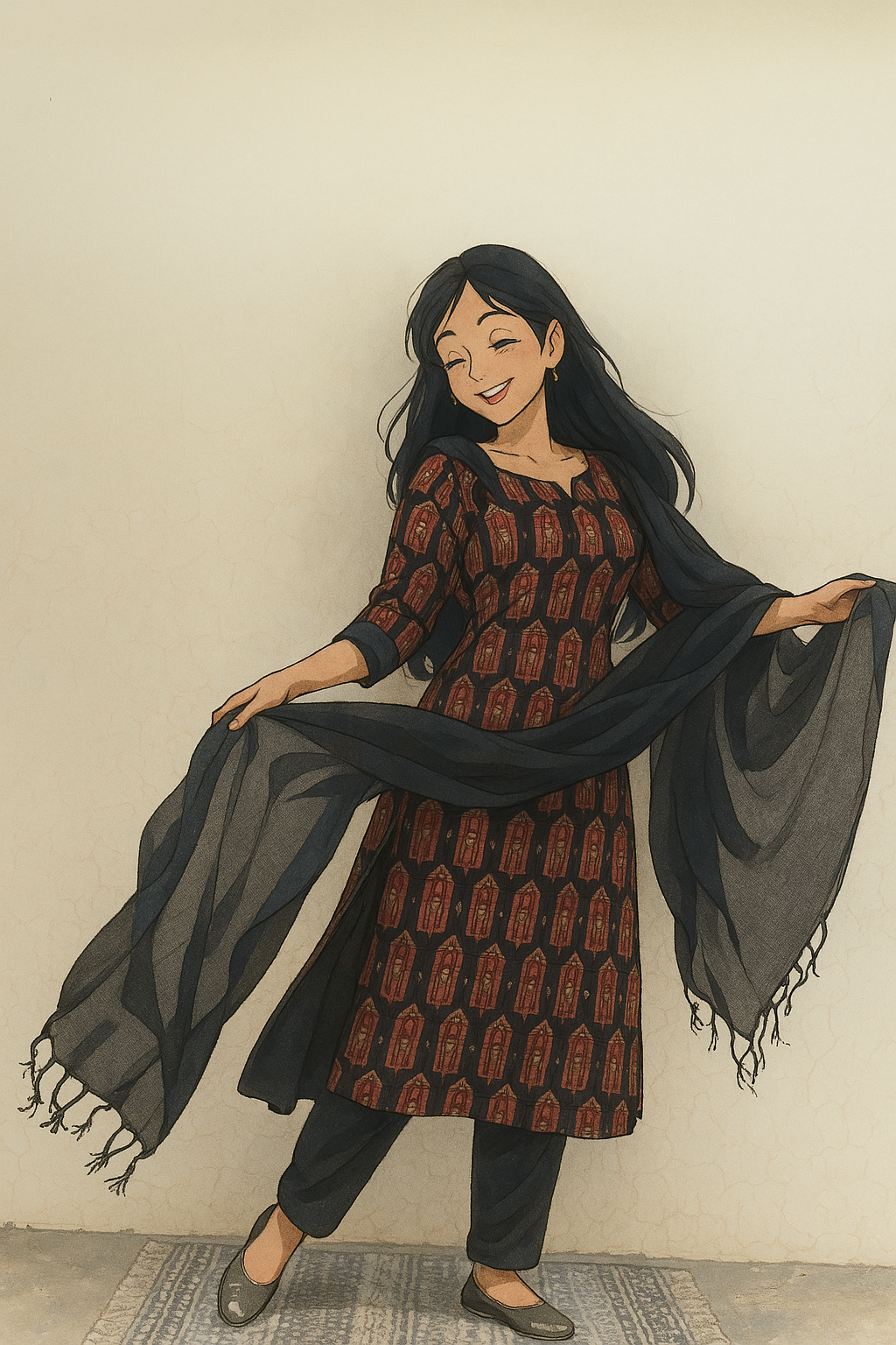 Eclipse Black 3-Piece Suit | Self Embroidery | Ajrakh Motif - Kharwals India