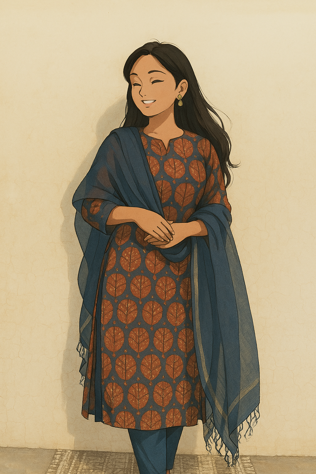 Moonlit Azure 3-Piece Suit | Self Embroidery | Ajrakh Motif - Kharwals India