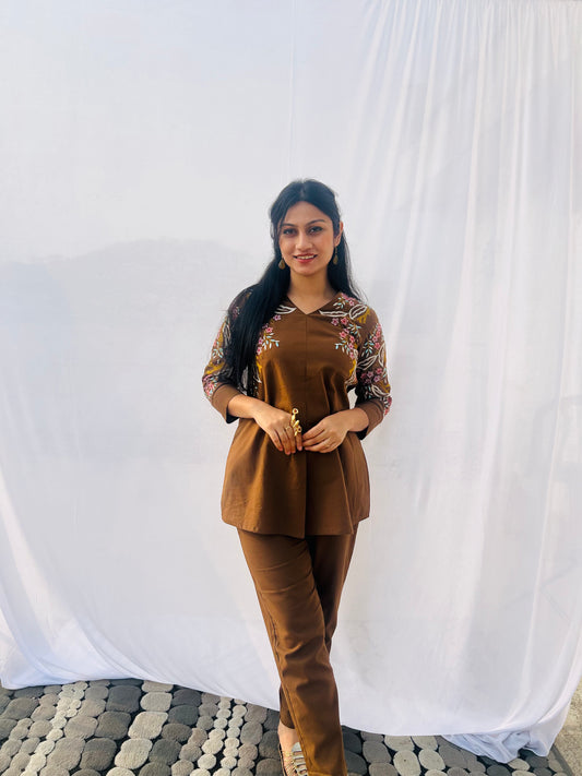 Desert Gold Co-ord Set | Cotton Flex | Floral Embroidery - Kharwals India