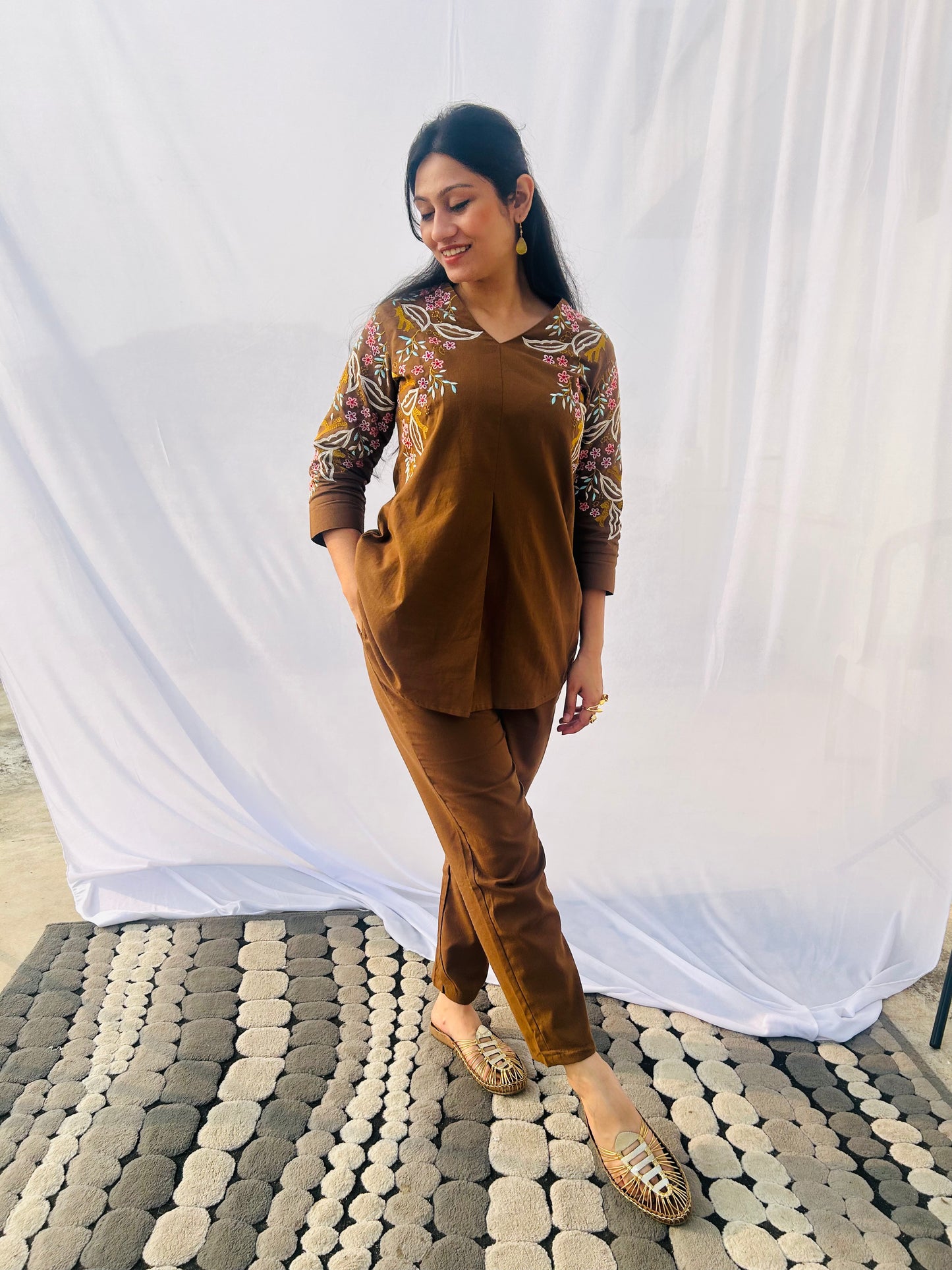 Desert Gold Co-ord Set | Cotton Flex | Floral Embroidery - Kharwals India