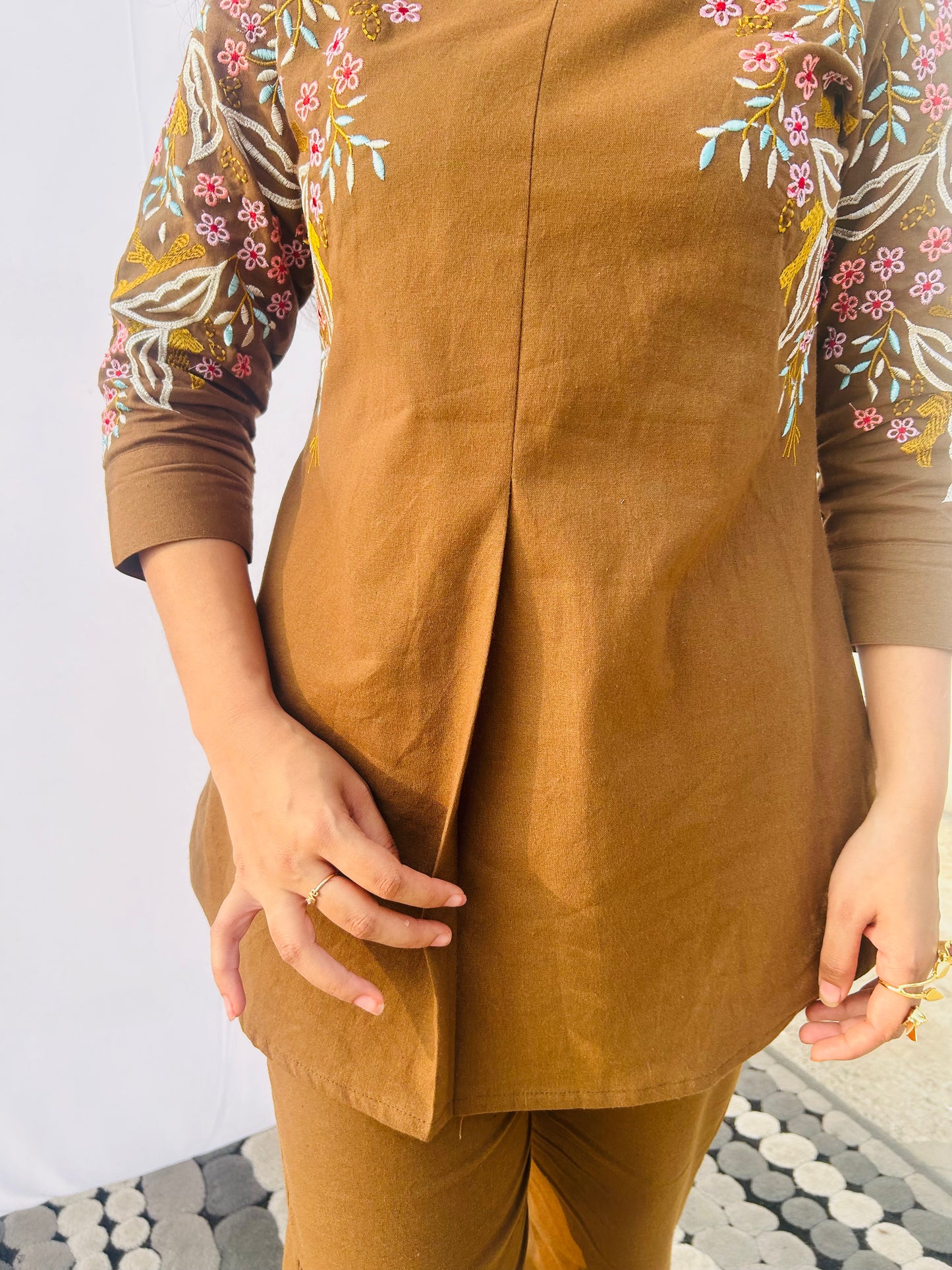 Desert Gold Co-ord Set | Cotton Flex | Floral Embroidery - Kharwals India