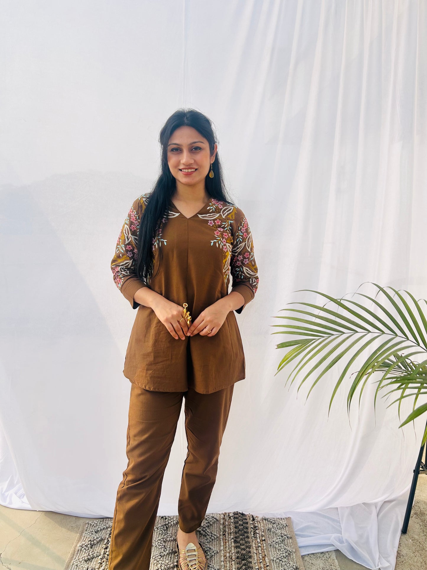 Desert Gold Co-ord Set | Cotton Flex | Floral Embroidery - Kharwals India