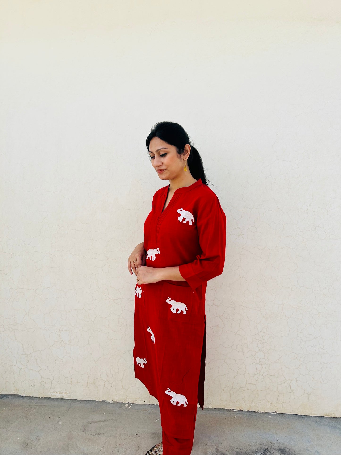 Flame Aurora Co-ord set | Cotton Slub | Elephant Embroidery - Kharwals India