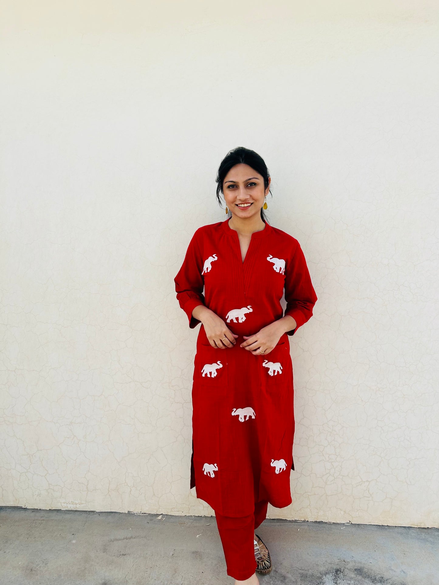 Flame Aurora Co-ord set | Cotton Slub | Elephant Embroidery - Kharwals India
