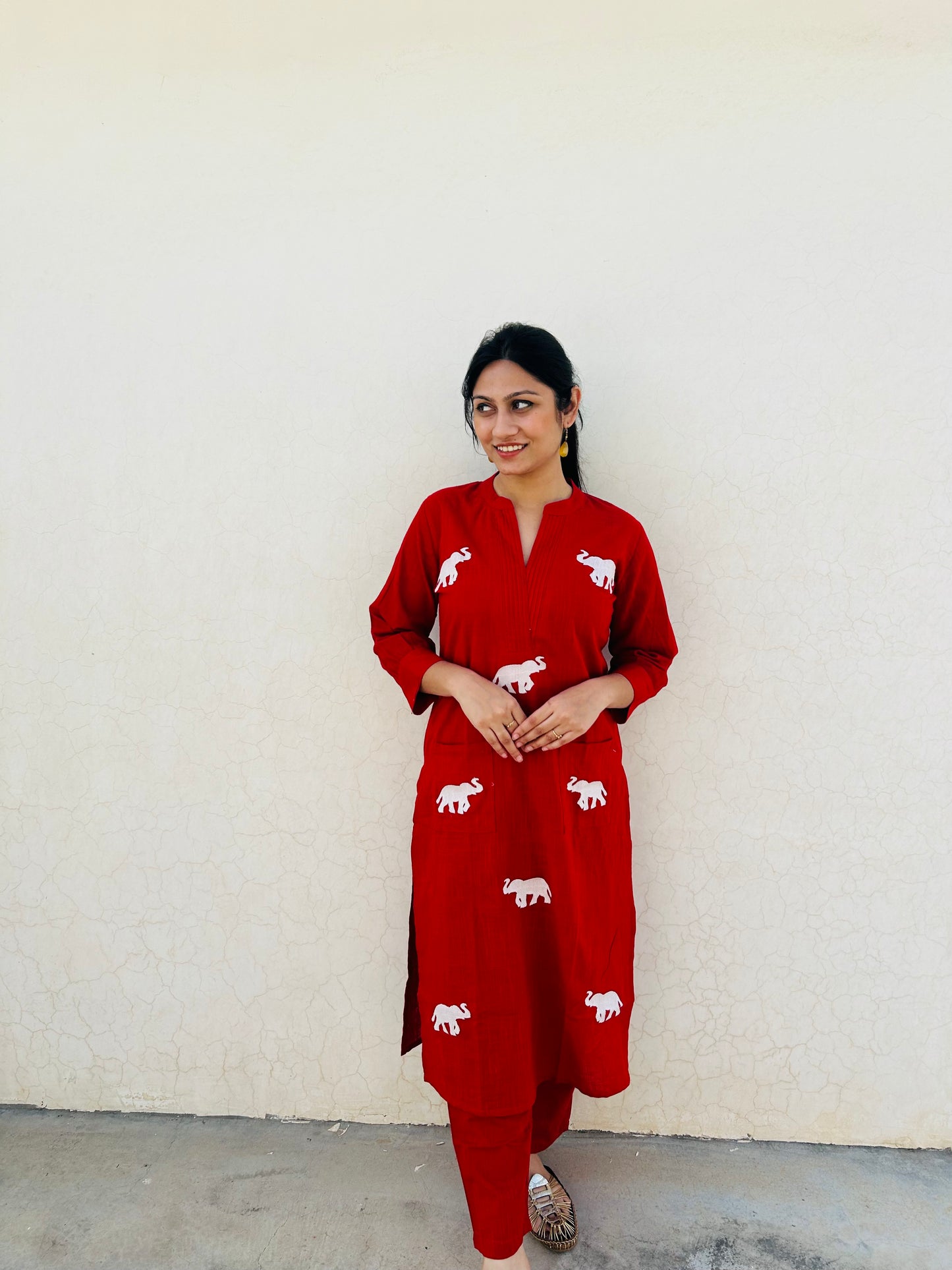 Flame Aurora Co-ord set | Cotton Slub | Elephant Embroidery - Kharwals India
