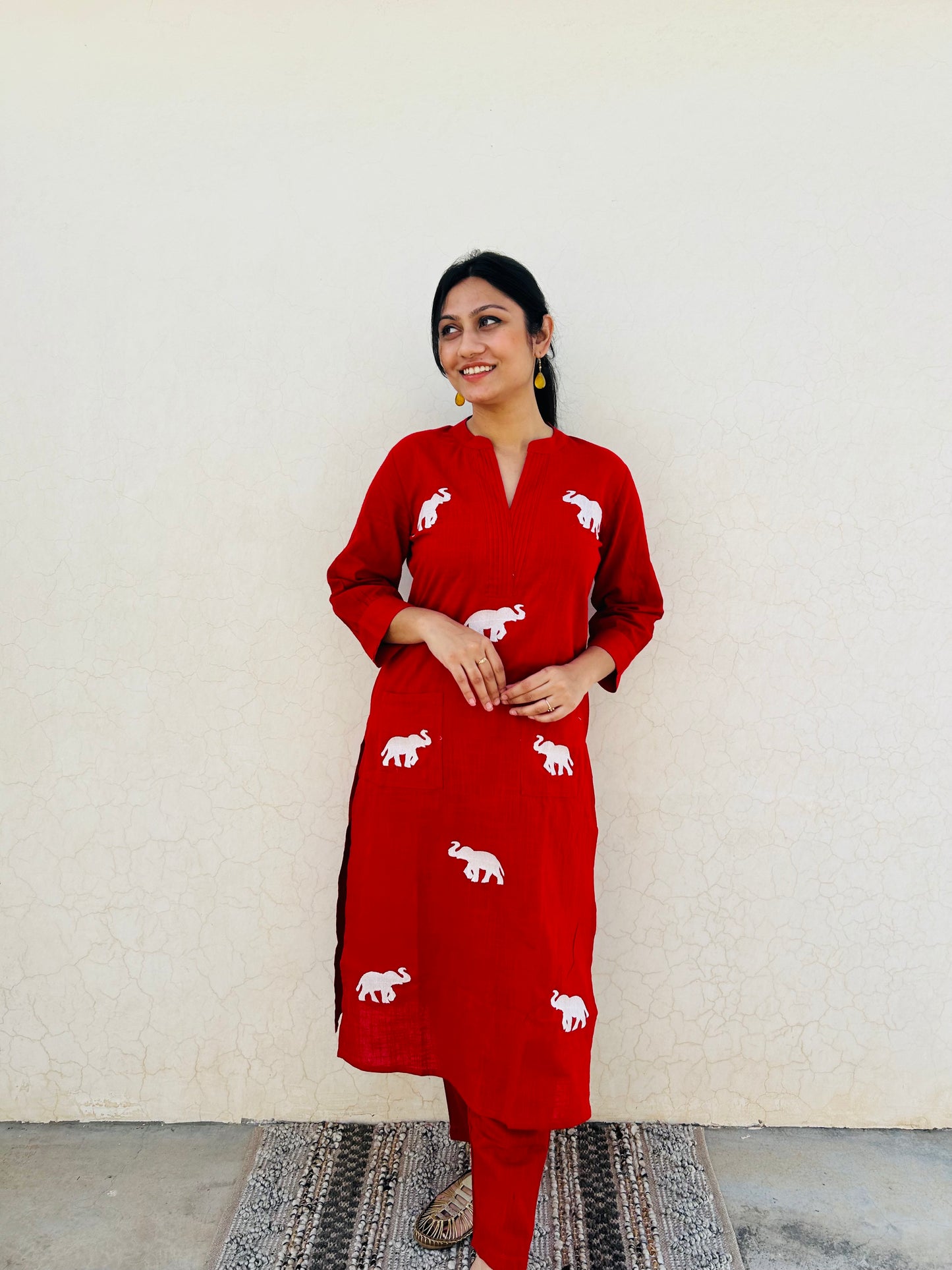Flame Aurora Co-ord set | Cotton Slub | Elephant Embroidery - Kharwals India