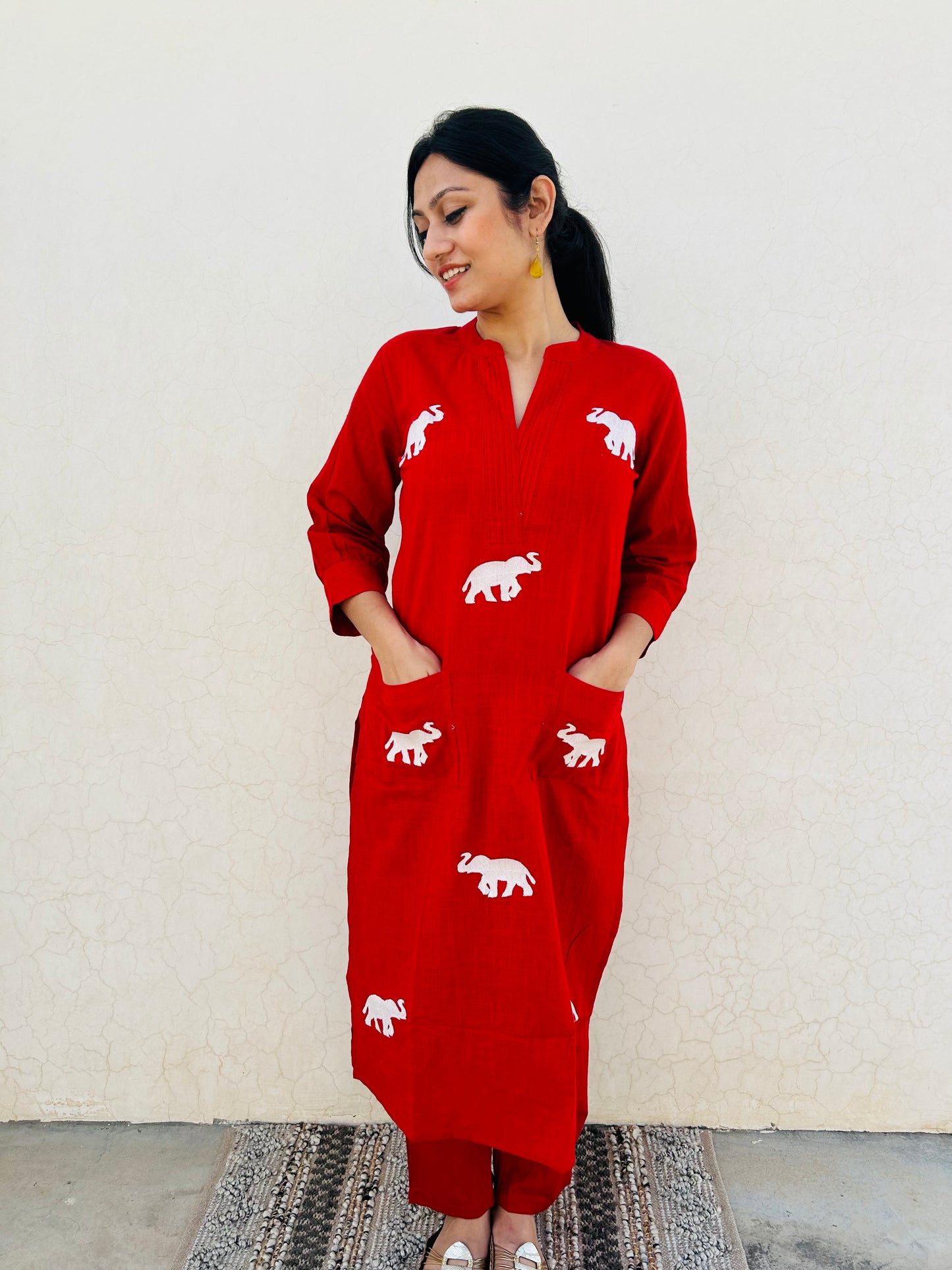 Flame Aurora Co-ord set | Cotton Slub | Elephant Embroidery - Kharwals India