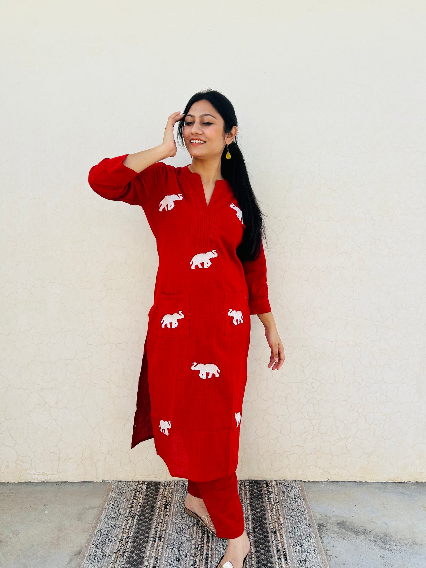 Flame Aurora Co-ord set | Cotton Slub | Elephant Embroidery - Kharwals India