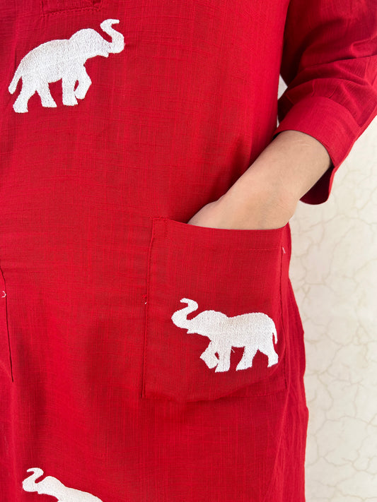 Flame Aurora Co-ord set | Cotton Slub | Elephant Embroidery - Kharwals India