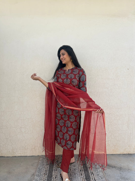 Garnet Orbit 3-Piece Suit | Self Embroidery | Ajrakh Motif - Kharwals India