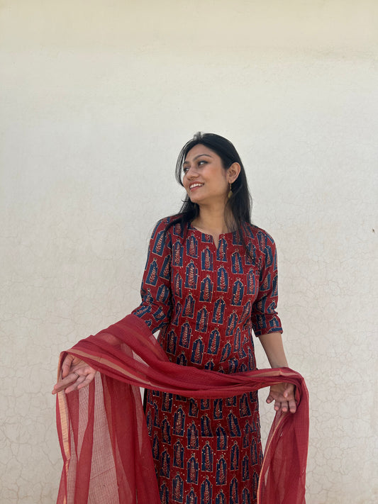 Garnet Blaze 3-Piece Suit | Self Embroidery | Ajrakh Motif - Kharwals India