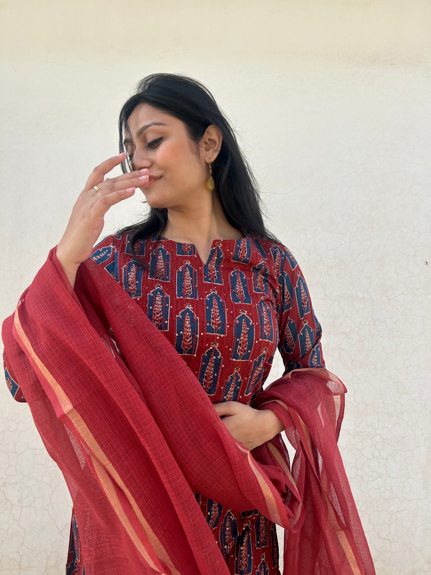 Garnet Blaze 3-Piece Suit | Self Embroidery | Ajrakh Motif - Kharwals India