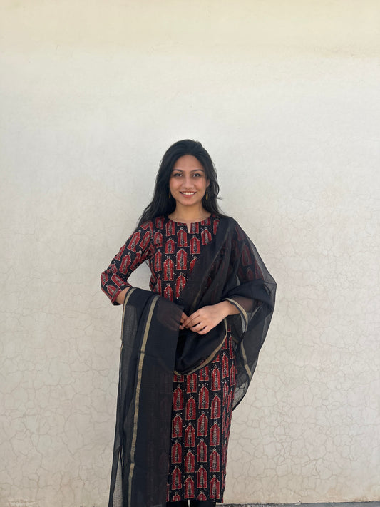 Eclipse Black 3-Piece Suit | Self Embroidery | Ajrakh Motif - Kharwals India