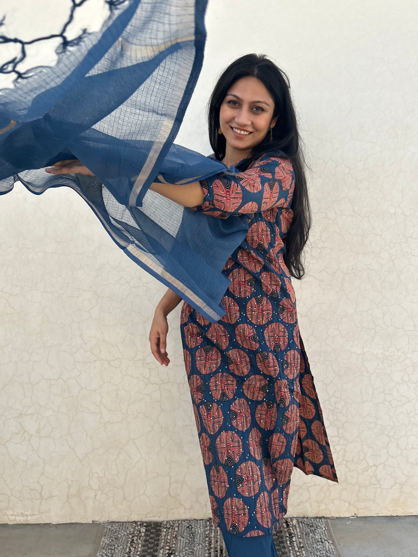 Moonlit Azure 3-Piece Suit | Self Embroidery | Ajrakh Motif - Kharwals India