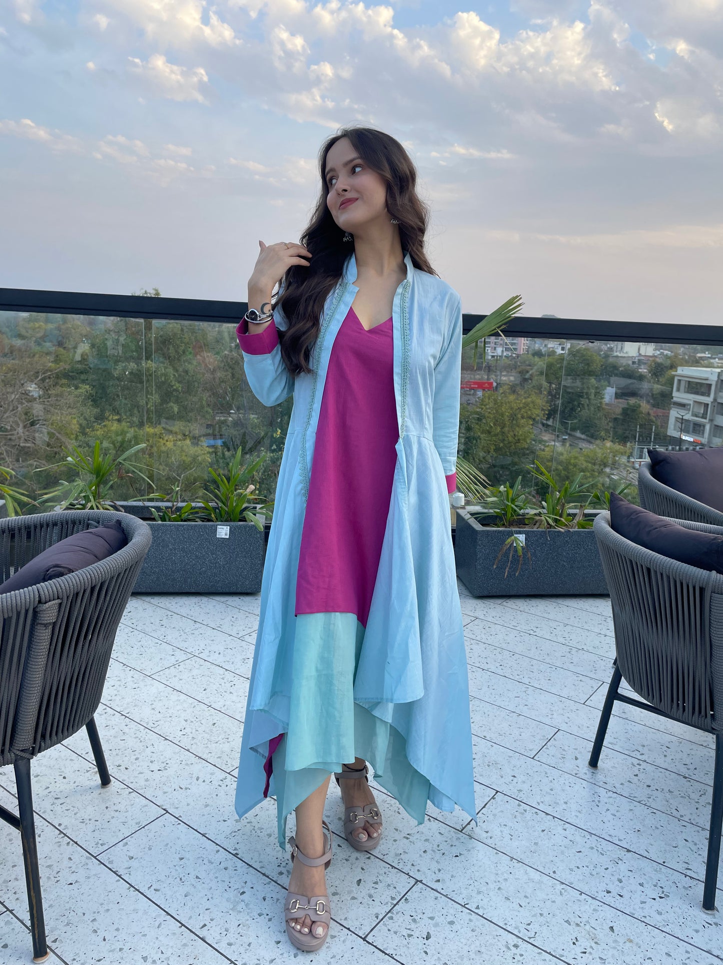 Mirage Dress with Wrap around Jacket | Cotton Slub, Mulmul - Kharwals India