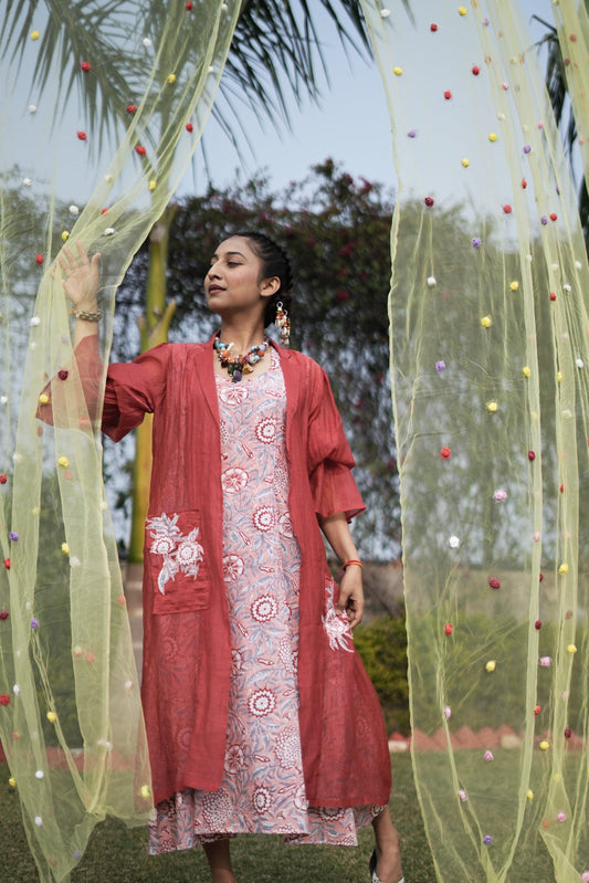 Aura Ensemble Dress with Jacket | Cotton, Mul Chanderi | Patchwork | Handblock