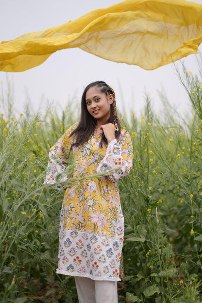 Yellow Field Lace Kurta | Cotton Printed | Handblock