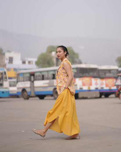 Sunlit Mustard Blazer Dress | Cotton Printed, Slub | Handblock