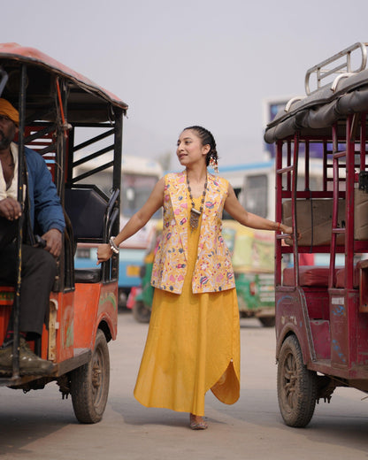 Sunlit Mustard Blazer Dress | Cotton Printed, Slub | Handblock