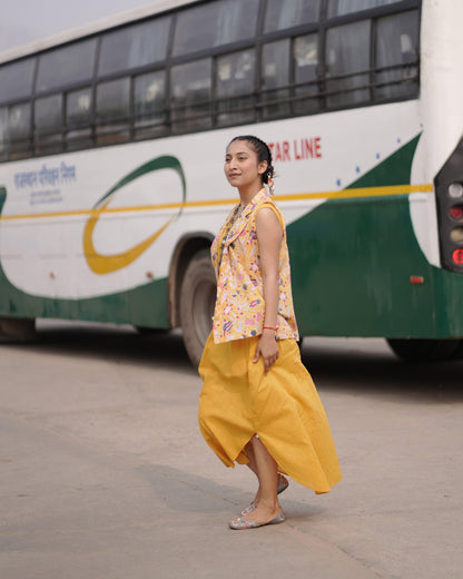 Sunlit Mustard Blazer Dress | Cotton Printed, Slub | Handblock