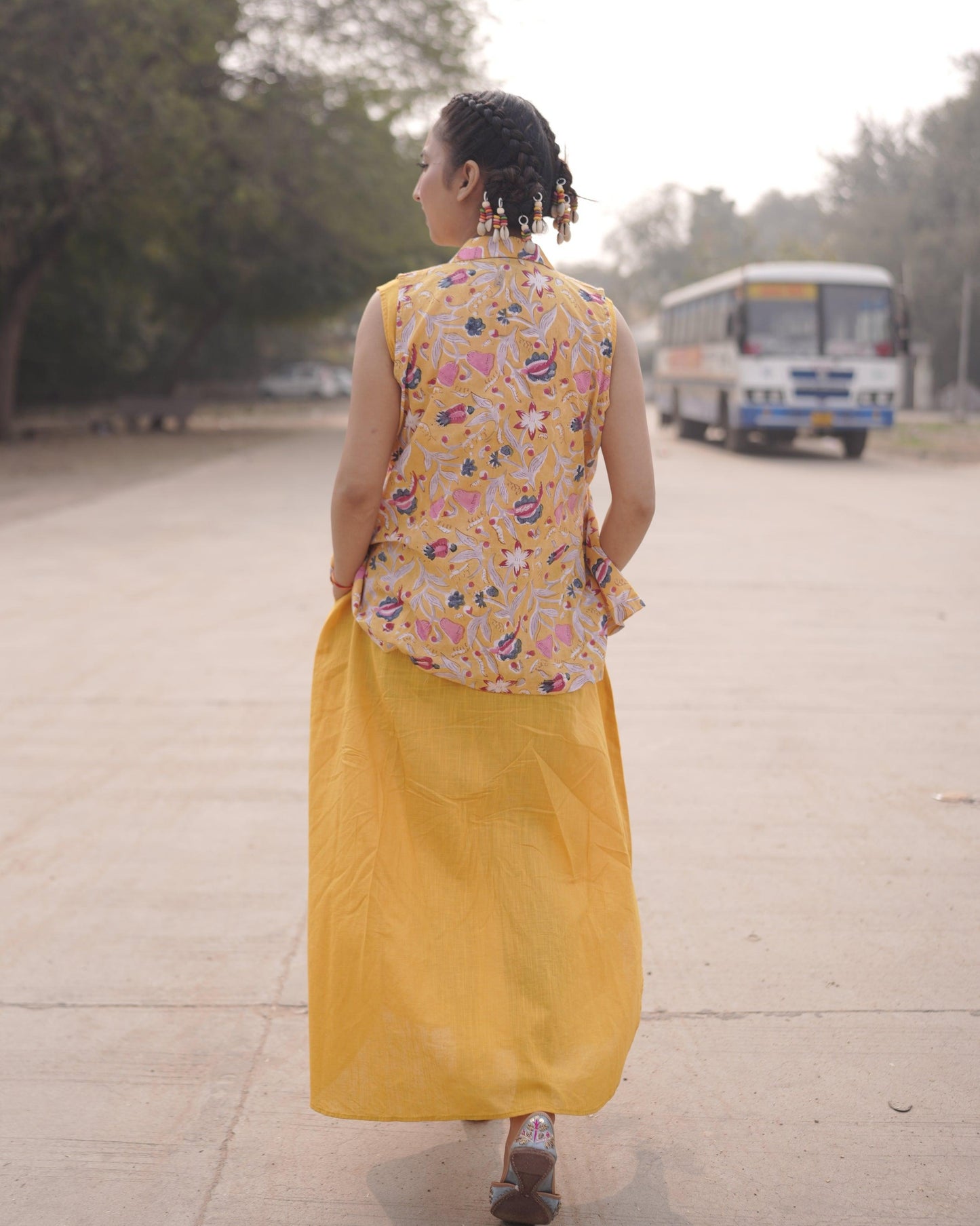 Sunlit Mustard Blazer Dress | Cotton Printed, Slub | Handblock