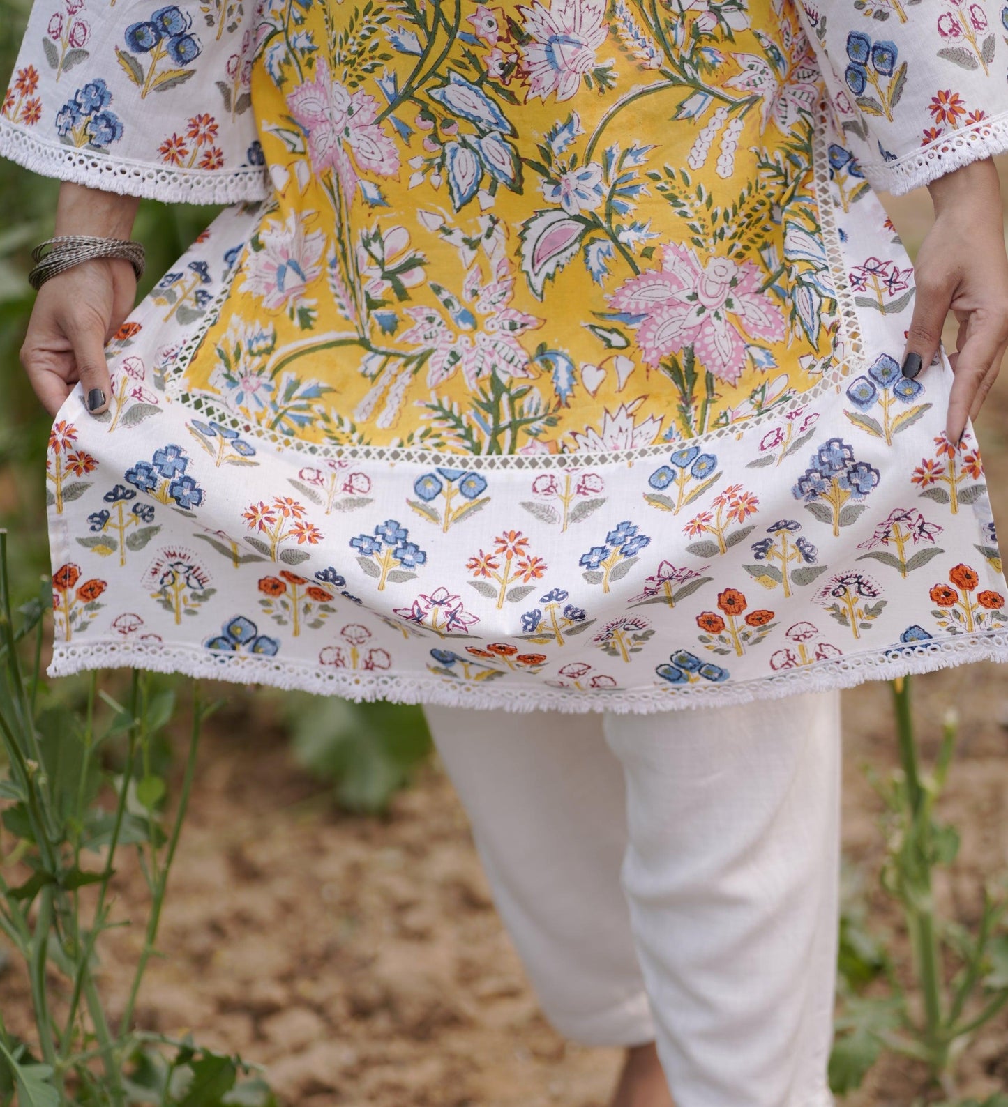 Yellow Field Lace Kurta | Cotton Printed | Handblock