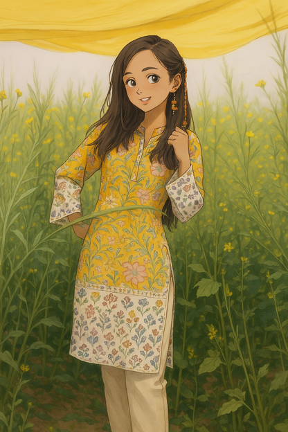 Yellow Field Lace Kurta | Cotton Printed | Handblock - Kharwals India